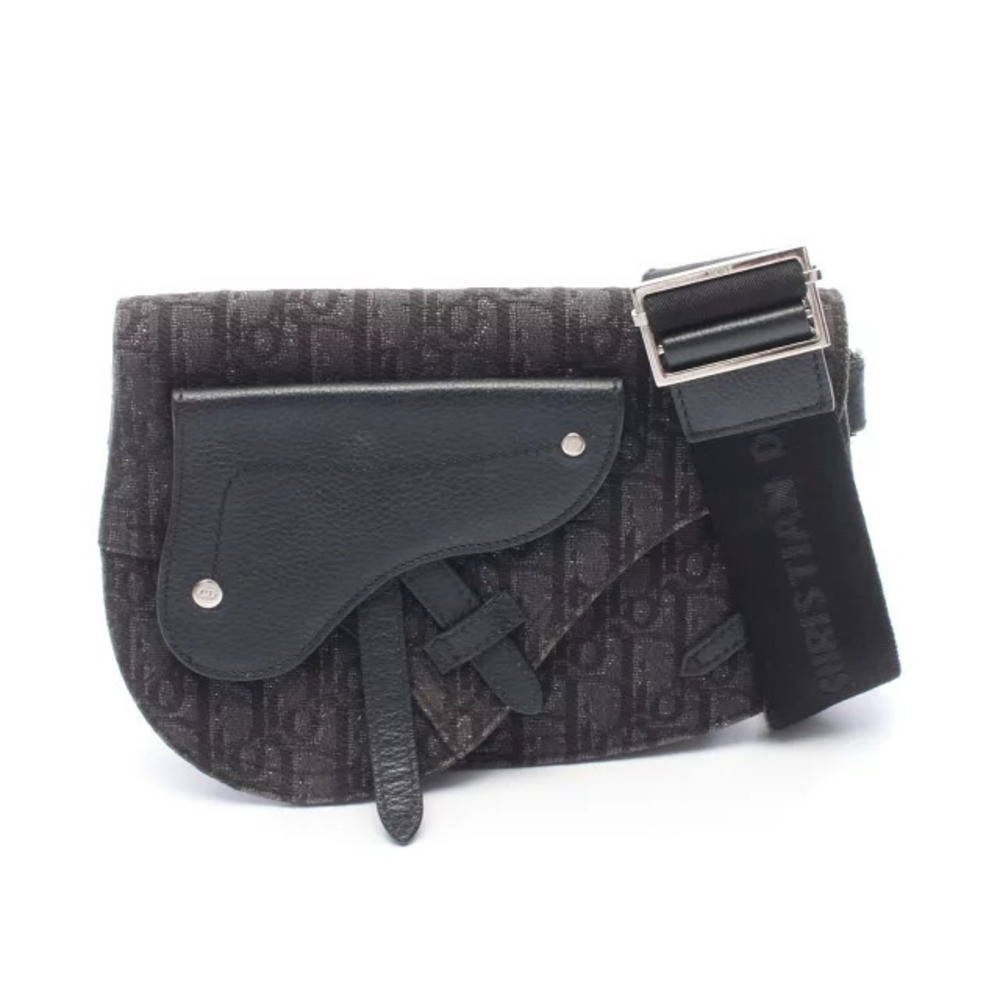 Christian Dior Saddle Oblique Shoulder Bag Canvas Leather Black